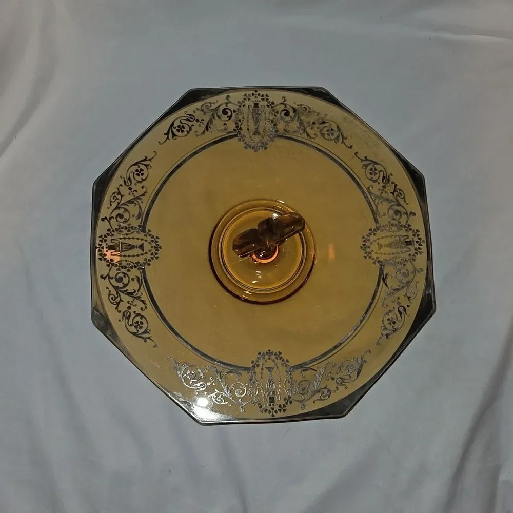 CAMBRIDGE AMBER GLASS Serving Sandwich Tray!  Art Deco Design,Sterling Etching! - Picture 3 of 9